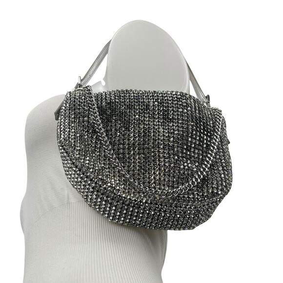 Aldo Mistera Silver Rhinestone Sparkly Shimmer Crescent Half Moon Shoulder Bag - Picture 3 of 8